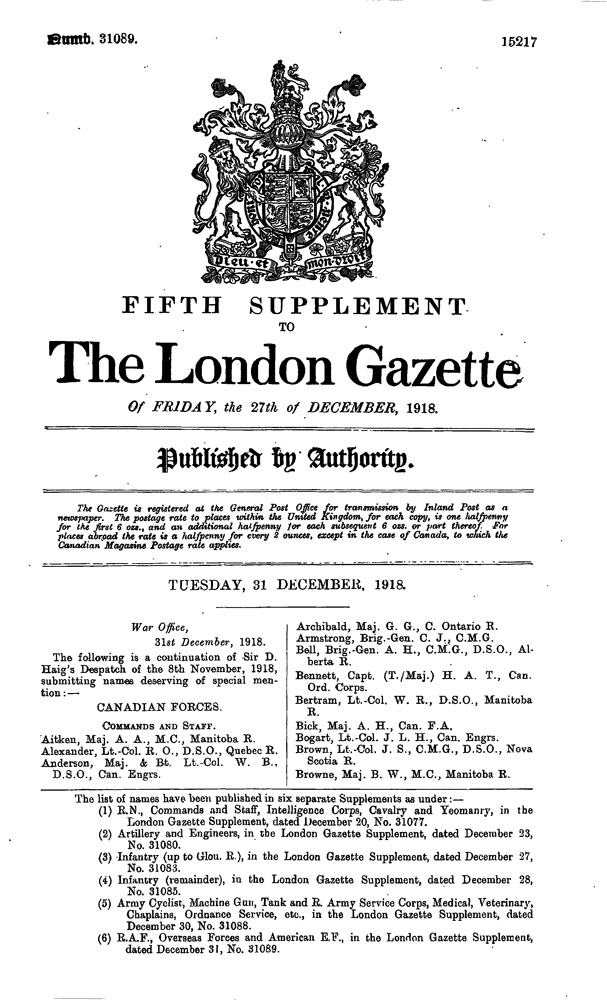 Supplement to the London Gazette, December 31, 1918, https://www.thegazette.co.uk/